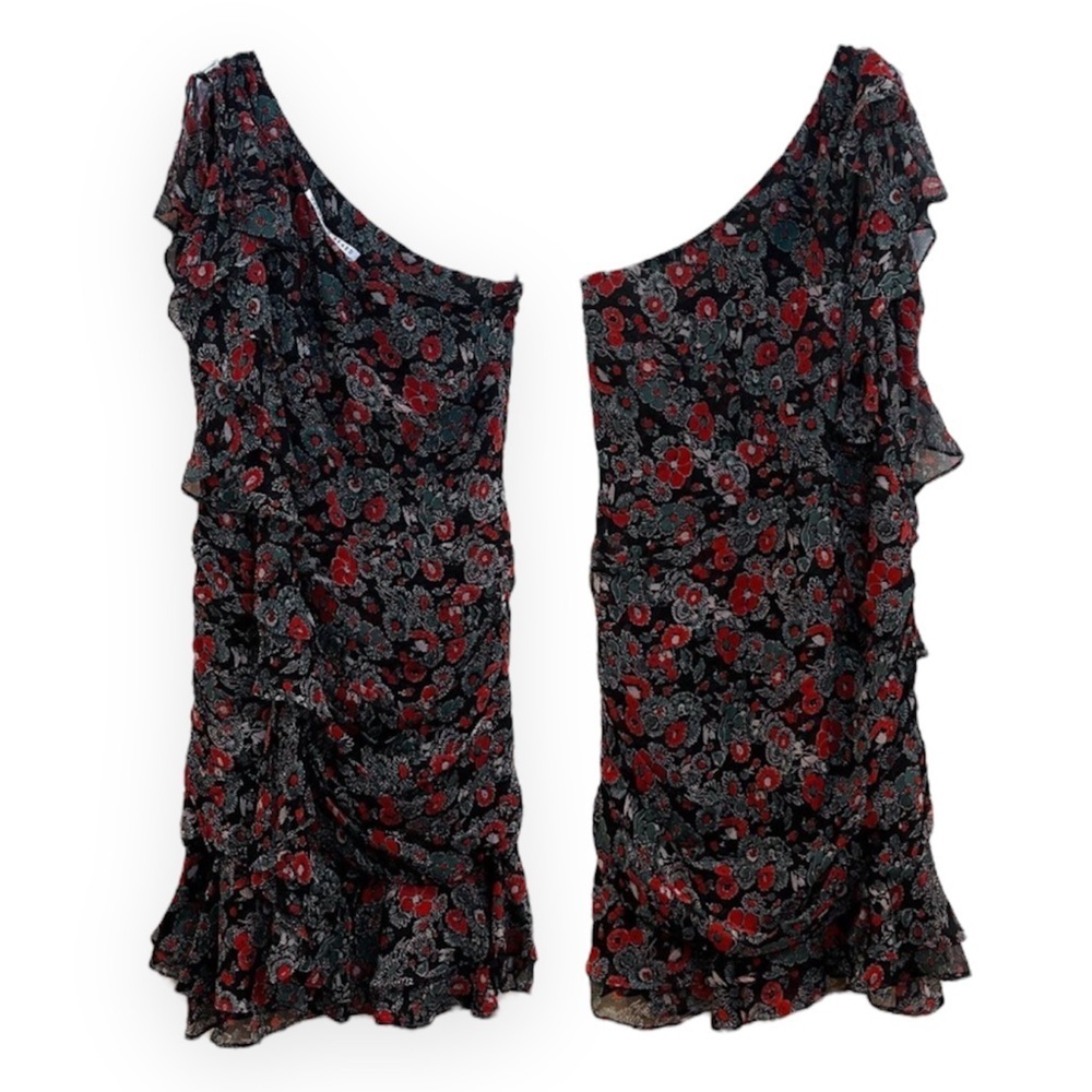 Veronica Beard Ballard 100% Silk Red Floral One Shoulder Designer Mini Dress 2